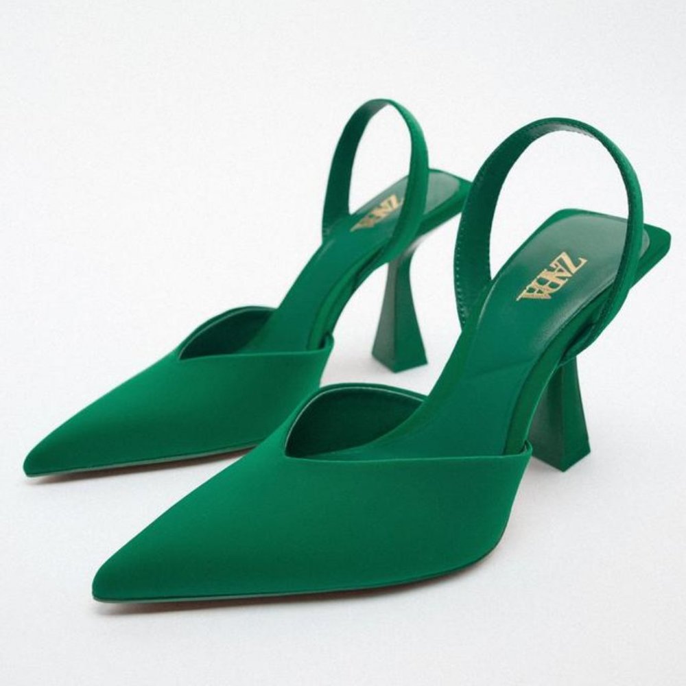 NWT Zara Heels Sandals Green 8 US Pointed Toe Sling Back Bloggers fav fabric